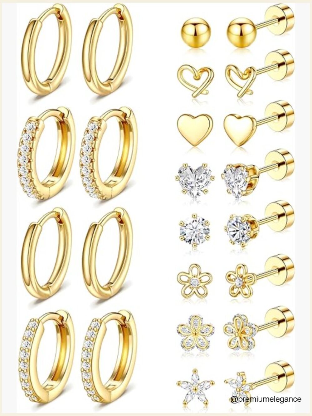 14k Gold Plated Hypoallergenic Flat Back Earring Set - Studs & Hoops for